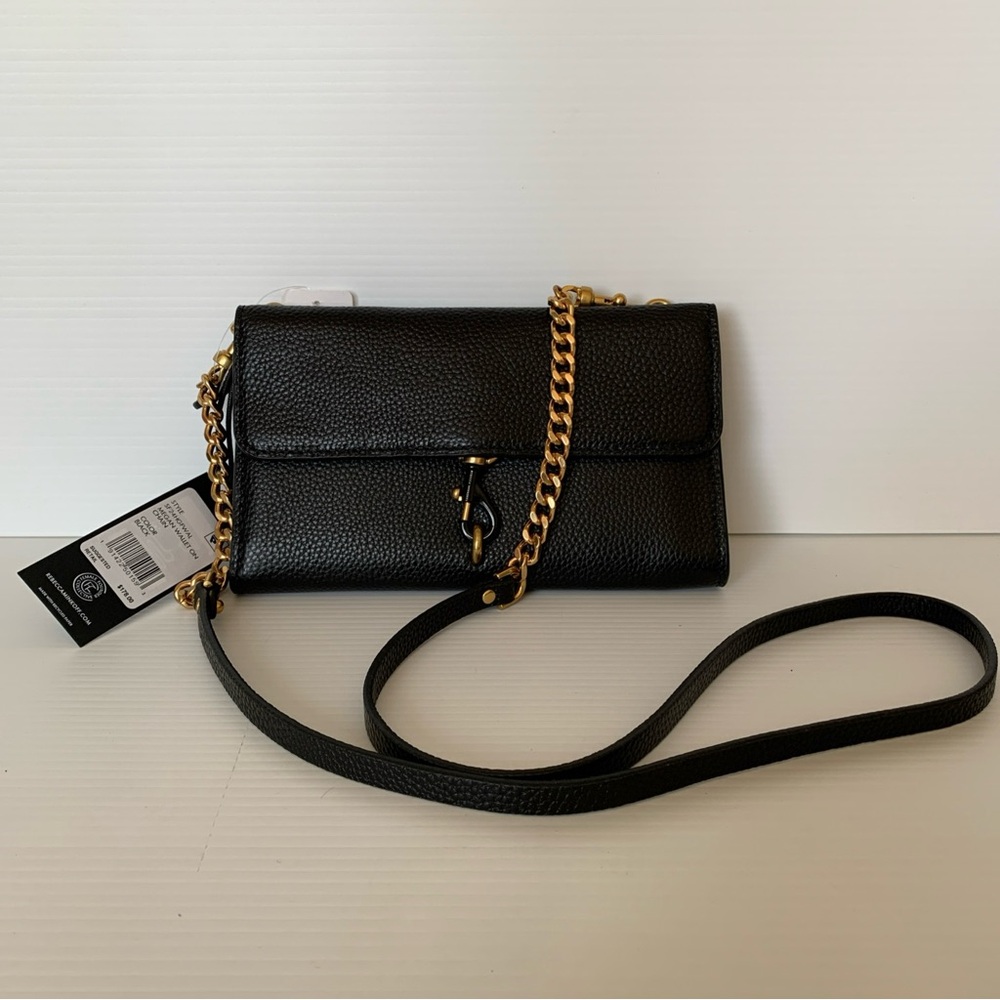 Rebecca Minkoff Megan Wallet on a Chain Crossbody Black Leather Gold Hardware